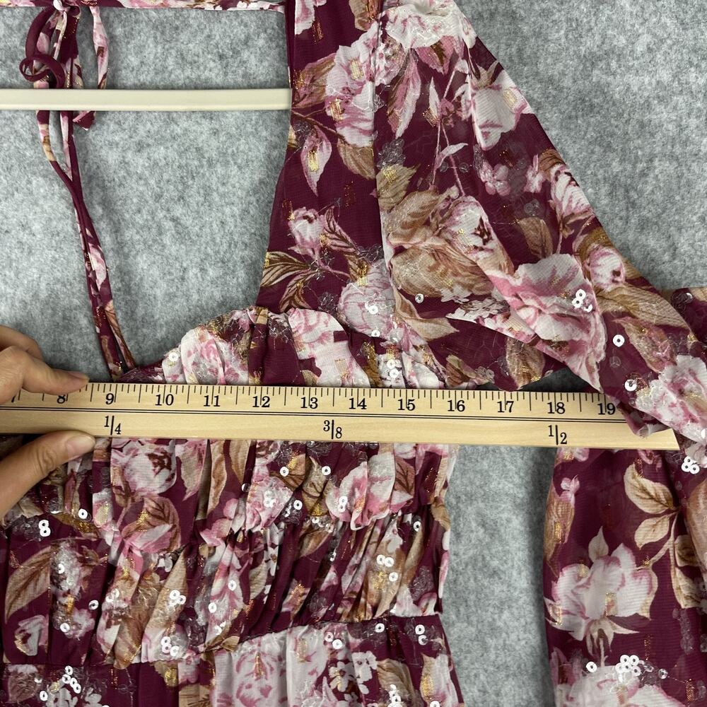 Altar'd State Sailor Tiered Maxi Dress Womens Medium Burgundy Floral Sequins - Picture 7 of 16